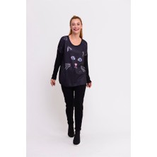 Park Moda Kadın Kedili Siyah Bluz