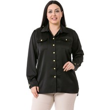 Disentis Modest Büyük Beden Gold Düğme Detaylı Saten Siyah Gömlek