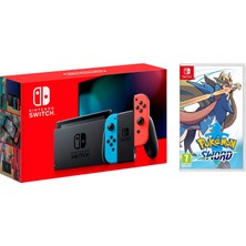 Nintendo Switch Konsol Neon Red Blue Joy / Con - Yeni V2 Model + Pokemon Sword Oyunu