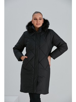 Fierte Kadın Büyük Beden Mont RG9769 Çıkabilen Kapüşon Uzun Kapitone