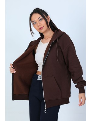 Julude Kahve Kadın Kapüşonlu Şardonlu Üç Iplik Sweatshirt P-00001075