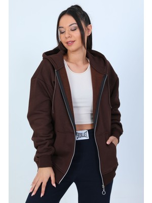 Julude Kahve Kadın Kapüşonlu Şardonlu Üç Iplik Sweatshirt P-00001075