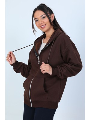 Julude Kahve Kadın Kapüşonlu Şardonlu Üç Iplik Sweatshirt P-00001075