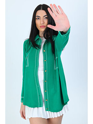 Julude Yeşil Kadın Sahte Cep Detaylı Düğmeli Triko Gömlek P-00001181