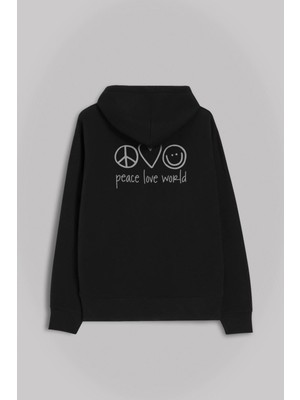 Kendim Seçtim Peace Love World Gülümse Pozitif Ol Ön ve Arka Baskılı Sweatshirt Kapüşonlu Hoodie