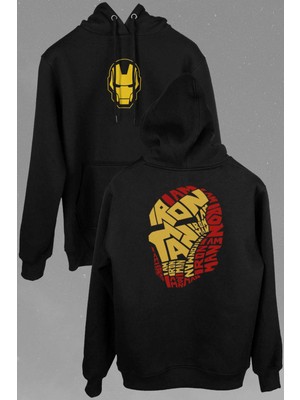 Kendim Seçtim Iron Man Word Art Head Logo Demir Adam Ön ve Arka Baskılı Sweatshirt Kapüşonlu Hoodie