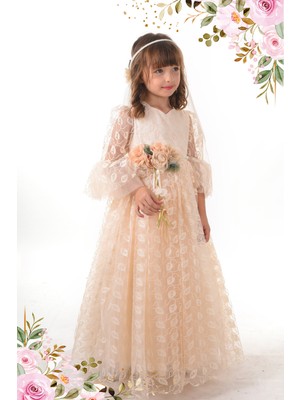 Mialora Exclusive Vintage Duvaklı Elbise, Krem Renk 3 Boyutlu Kumaş Abiye Kız Çocuk İçin