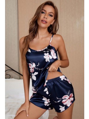 Merry See Kadın Pijama Takım Çok Renkli Baskılı Saten Şort ve Üst İçerir