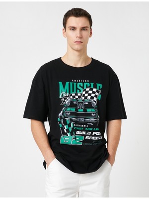 Koton Oversize Tişört Yarış Baskılı Bisiklet Yaka Yarım Kollu