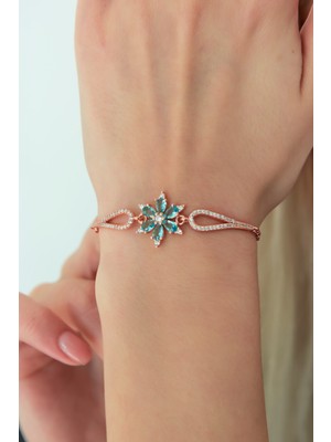 Nereze 925 Ayar Kelepçe Model Aquamarin Taşlı Çiçek Bileklik Kadın Gümüş Bileklik