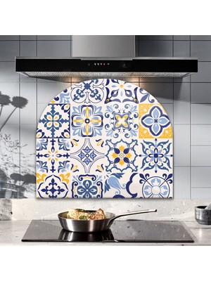 Decorita Cam Ocak Arkası Koruyucu | Oval Şekilli | Mavi Çini Desen | 52CM x 60CM