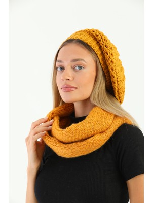 Elif İç Giyim Kadın Ekru Triko Ressam Bere ve Örgü Boyunluk Set