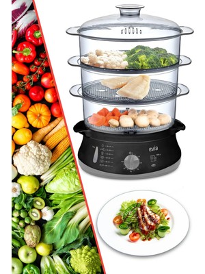 Evia 10 Litre Siyah Buharlı Pişirici 800W Güç ve Zaman Ayarı ile Kolay Pişirme İmkanı