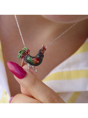 Siyah Taşlı Renkli Mineli Horoz Gümüş Kolye