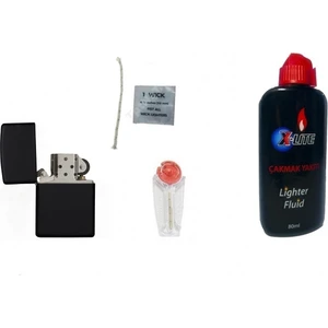 İndirim Center Zippo Siyah Çakmak - X-Lite Benzin 80 ml - Fitil ve Taş 4'lü Set
