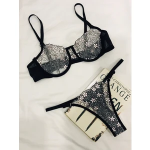 Mendoza Store Siyah Pembe Çiçekli Tanga Külot (Ayarlanabilir Kopçalı Külot) Etkileyici Sütyen Takım