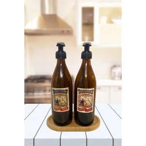 Standlı 2'li Amber Cam Sıvı Sabunluk Bulaşık Deterjanı Şişesi Sabunluk 500ML Oval Ahşap Standlı