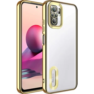 Case 4U Xiaomi Redmi Note 10 / Redmi Note 10s Kılıf Kamera Lens Korumalı Şeffaf Renkli Logo Gösteren Parlak Omega Kapak Altın