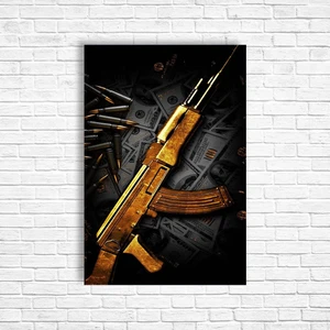 Trend Poster Siyah Gold Tüfek Retro Ahşap Poster