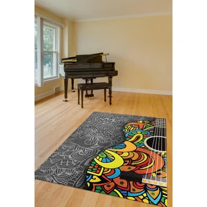 Gitar Renkleri Gri Çok Renki Halı Etnik Desenli Müzik Sever Halısı Gitar Desenli Halı