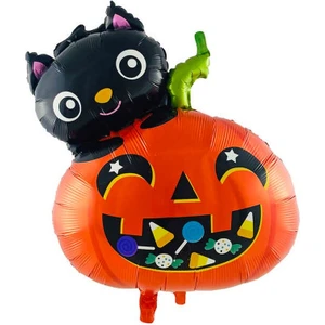 Cadılar Bayramı Halloween Kedili Balkabağı Şeklinde Folyo Balon 65 x 50 cm