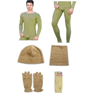 Giyim Sepeti Yeni Haki Termal Içlik Takımı Polar Bere Boyunluk Eldiven Havlu Çorap Seti