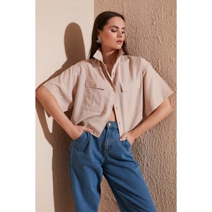 Pamuklu Oversize Çift Cepli Kısa Kol Gömlek Bayan Gömlek 6234786