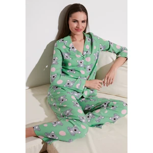 Desenli Beli Lastikli Cep Detaylı Gömlek Yaka Dokuma Pijama Takımı Bayan Pijama Takımı 611PT288