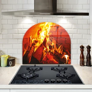 Cam Ocak Arkası Koruyucu | Oval Şekilli | Odun Ateşi | 52CM x 60CM