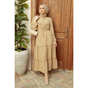 Neva Style - Düğmeli Bej Tesettür Elbise 63250BEJ