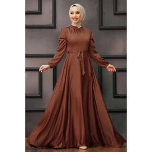 Neva Style Tesettürlü Abiye Elbise - Balon Kol Kahverengi Tesettür Saten Abiye Elbise 25131KH