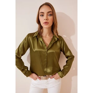 Kadın Yağ Yeşili Hafif Dökümlü Saten Yüzeyli Gömlek HZL22W-BD139641