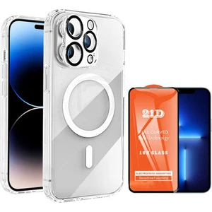 iPhone 13 Pro Max Magsafe Şeffaf Kılıf +Tam Kaplar 21D Cam Ekran Koruyucu ve Kamera Lens Koruma