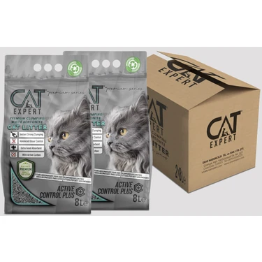 CAT EXPERT Kedi Kumu Active Control Plus Aktif Karbonlu Topaklanan Ve Koku Hapseden Tozsuz 8 Lt X 2