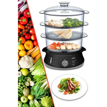 Evia 10 Litre Siyah Buharlı Pişirici 800W Güç ve Zaman Ayarı ile Kolay Pişirme