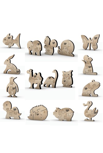 1 Fark - 4 Parçalı Eğitici Masif Ahşap Puzzle - Hayvanlar - Boya Setli