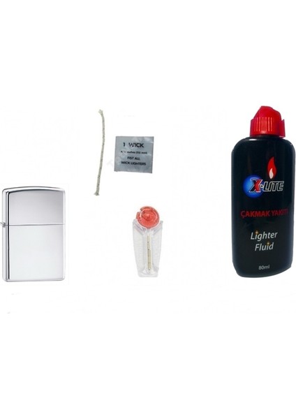 Zippo Gümüş Gri Çakmak + X-Lite Benzin 80 ml + Taş + Fitil 4'lü Set