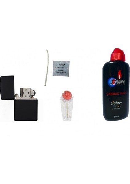 İndirim Center Zippo Siyah Çakmak - X-Lite Benzin 80 ml - Fitil ve Taş 4'lü Set