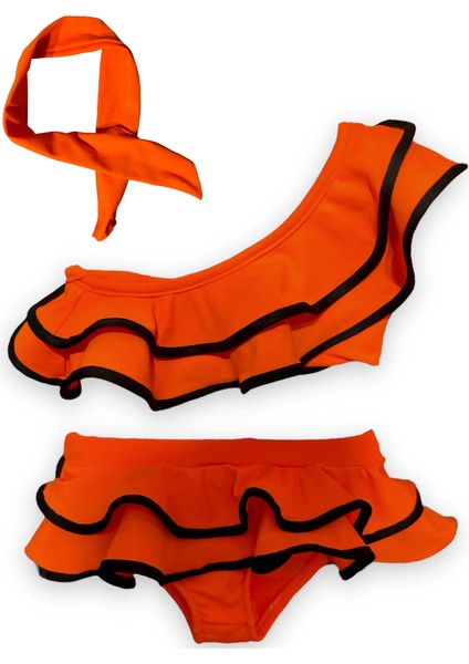 Kız Çocuk Neon Renkler Tek Omuz Fırfırlı Bikini Takımı Saç Bandı Hediyeli Son Moda