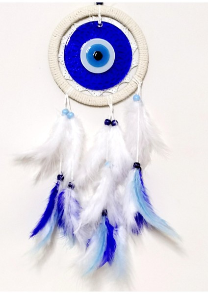 Kuş Tüylü Dream Catcher Mavi Nazar Boncuklu Kuş Tüylü Düş Kapanı Duvar Süsü