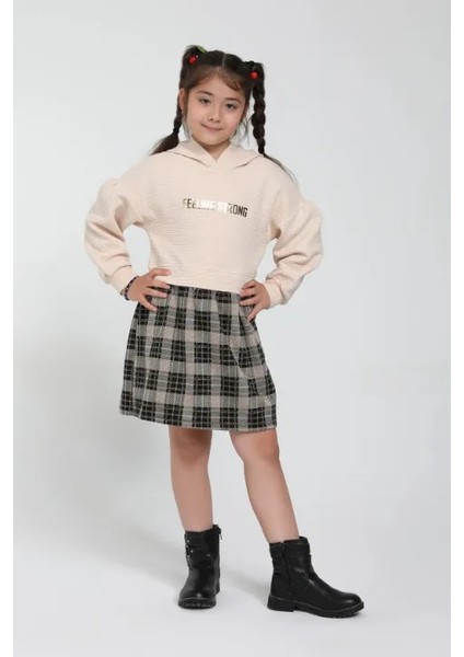 Kız Çocuk Elbise Kapüşonlu Ekose Etekli Bej