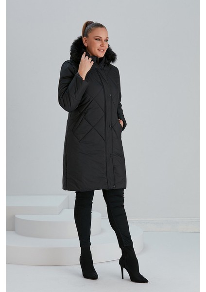Kadın Büyük Beden Mont RG9769 Çıkabilen Kapüşon Uzun Kapitone fırsatları