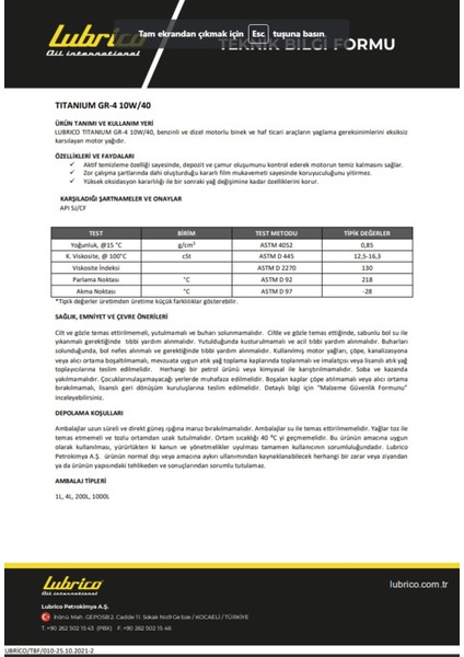 Titanium Gr-4 10W40 4lt. Motor Yağı fiyatları