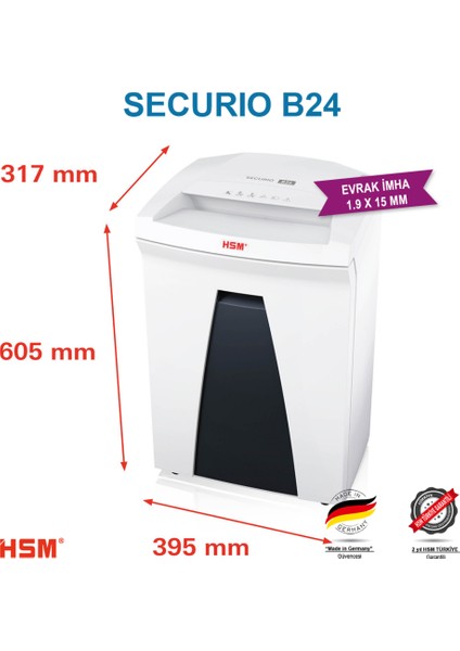 Securıo B24 Evrak Imha Makinesi / Kağıt Kırpma Makinesi - Parçacık Kesim 1,9X15MM- 34LT