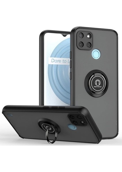 Realme C21Y Kılıf Yüzüklü Montreal Standlı Sert Silikon + Ekran Koruyucu