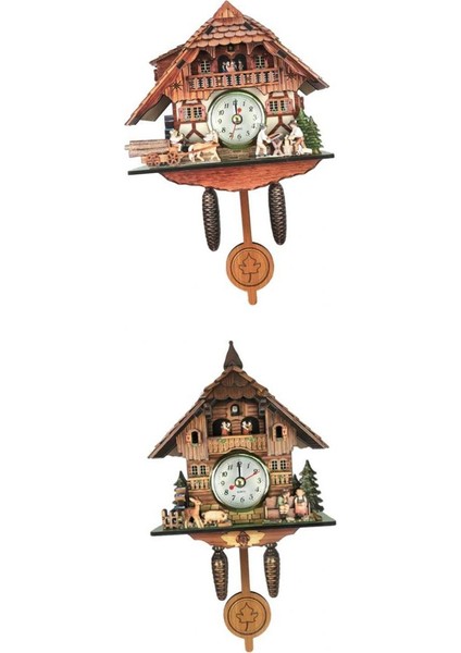 2x Vintage Style Guguklu Saat Quarz Hareket Duvar Saati Ahşap Çok Renk