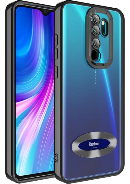 Case 4U Xiaomi Redmi Note 8 Pro Kılıf Kamera Lens Korumalı Şeffaf Renkli Logo Gösteren Parlak Omega Kapak Siyah