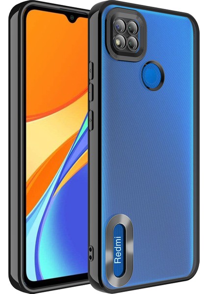 Xiaomi Redmi 9c Kılıf Kamera Lens Korumalı Şeffaf Renkli Logo Gösteren Parlak Omega Kapak Siyah