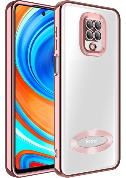 Case 4U Xiaomi Redmi Note 9s / Redmi Note 9 Pro Kılıf Kamera Lens Korumalı Şeffaf Renkli Logo Gösteren Parlak Omega Kapak Rose Gold