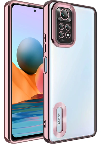 Case 4U Xiaomi Redmi Note 11 Kılıf Kamera Lens Korumalı Şeffaf Renkli Logo Gösteren Parlak Omega Kapak Rose Gold